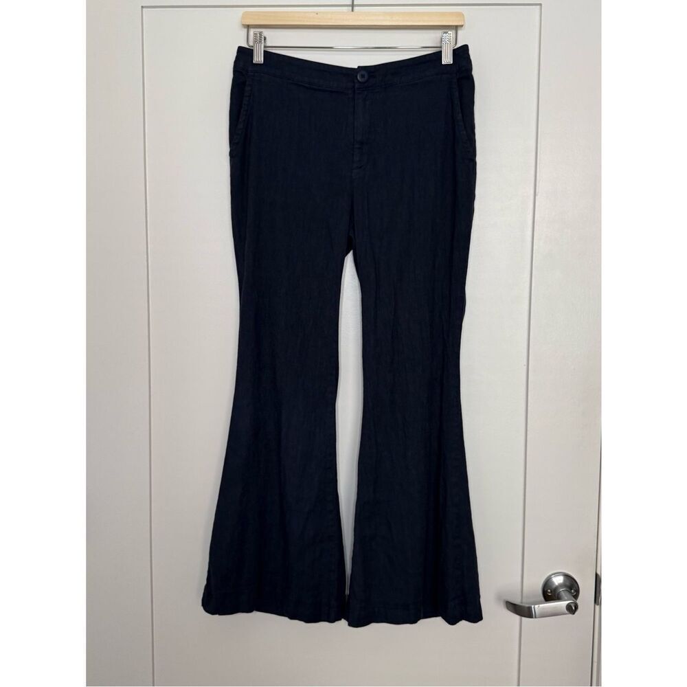 Anthropologie Flare Wide Leg Pants Womens Sz 4 Navy Blue Linen Blend Stretch